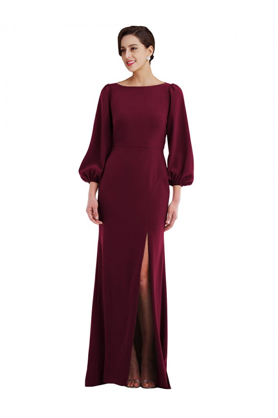 Affordable Long Sleeves Bateau Neck Stretch Crepe Burgundy Gold Long Prom Dress Canada