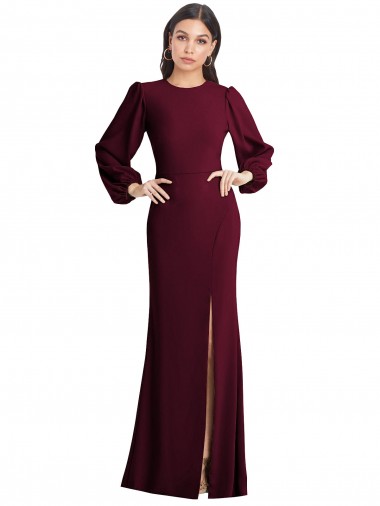Affordable Puff Sleeves Bateau Neck Stretch Crepe Burgundy Gold Long Prom Dress Canada