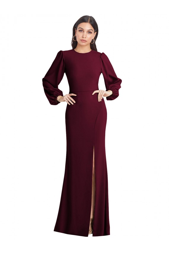 Affordable Puff Sleeves Bateau Neck Stretch Crepe Burgundy Gold Long Prom Dress Canada