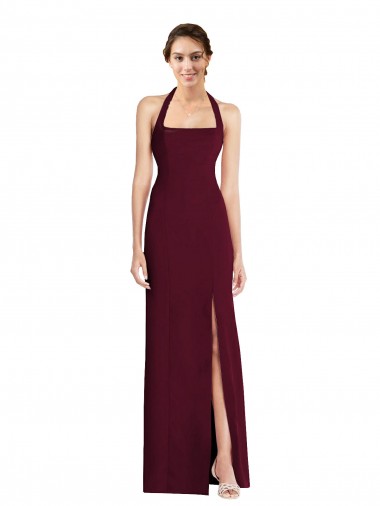 Affordable Sleeveless Halter Neck Stretch Crepe Burgundy Gold Long Prom Dress Canada