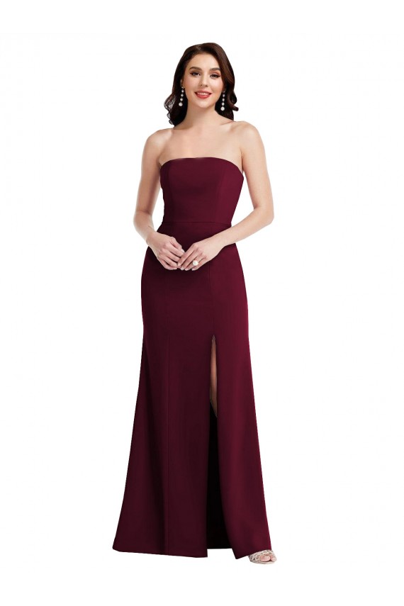 Affordable Sleeveless Strapless Stretch Crepe Burgundy Gold Long Prom Dress Canada