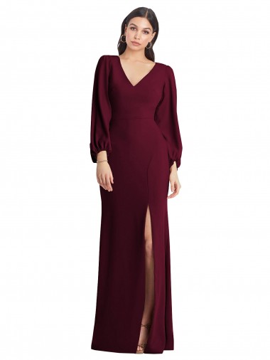 Affordable Puff Sleeves V-Neck Stretch Crepe Burgundy Gold Long Prom Dress Canada