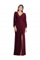 Affordable Puff Sleeves V-Neck Stretch Crepe Burgundy Gold Long Prom Dress Canada