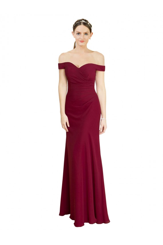 Affordable Sleeveless Off the Shoulder Soft Chiffon Burgundy Long Black Tie Prom Dress Canada