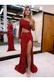 Affordable Long Sleeves One Shoulder Velvet Sequin Burgundy Sweep Train Prom Dress Canada