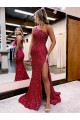 Affordable Sleeveless One Shoulder Velvet Sequin Burgundy Sweep Train Evening Prom Dress Canada