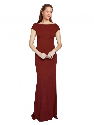 Affordable Cap Sleeves Round Neck Stretch Crepe Burgundy Long Prom Dress Canada