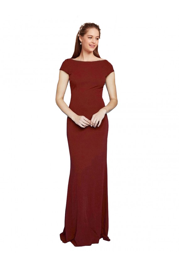 Affordable Cap Sleeves Round Neck Stretch Crepe Burgundy Long Prom Dress Canada