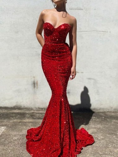 Affordable Sleeveless Sweetheart Velvet Sequin Burgundy Court Train Evening Prom Dress Canada