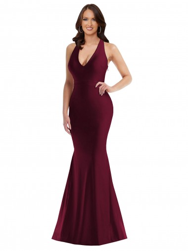 Affordable Sleeveless V-Neck Silky Satin Burgundy Long Plus Size Formal Prom Dress Canada