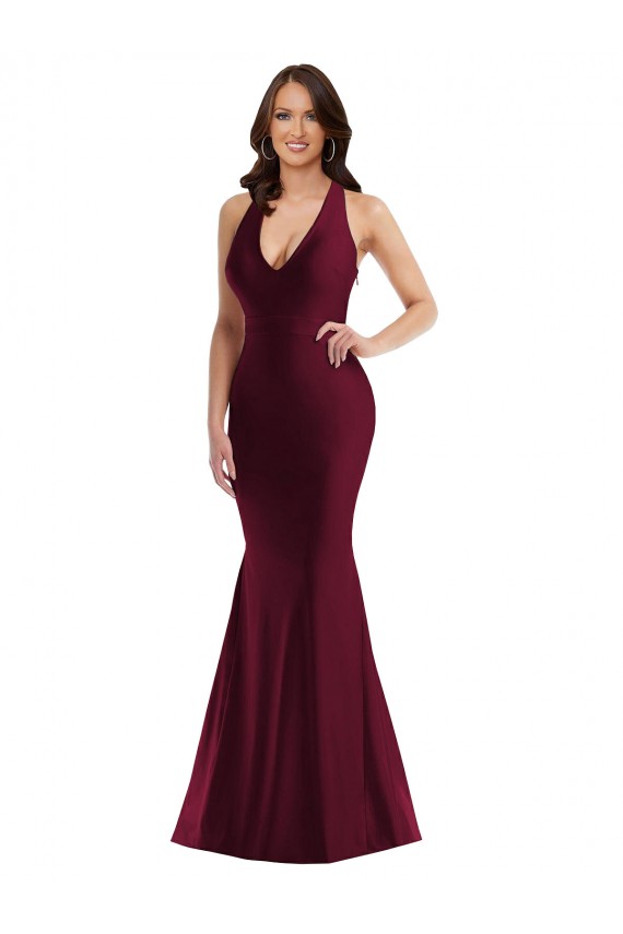 Affordable Sleeveless V-Neck Silky Satin Burgundy Long Plus Size Formal Prom Dress Canada