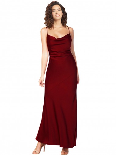 Affordable Sleeveless Cowl Neck Silk like Satin Burgundy Long Low Back Prom Dress Canada