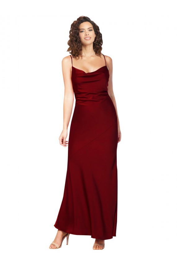 Affordable Sleeveless Cowl Neck Silk like Satin Burgundy Long Low Back Prom Dress Canada