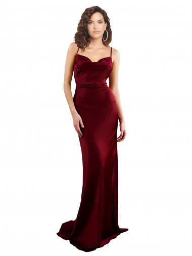 Affordable Sleeveless Cowl Neck Silky Satin Burgundy Long Prom Dress Canada