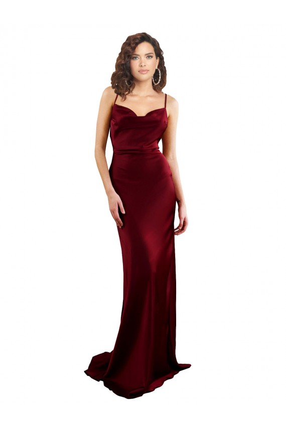 Affordable Sleeveless Cowl Neck Silky Satin Burgundy Long Prom Dress Canada