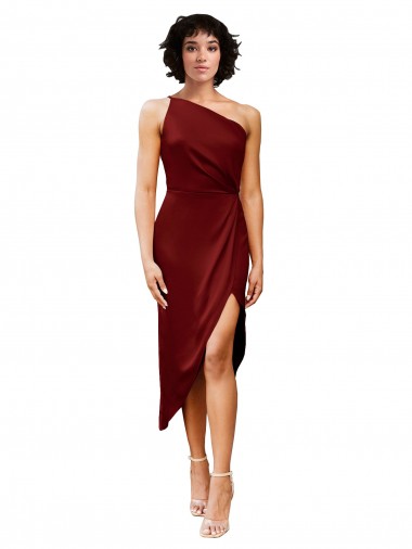Affordable Sleeveless One Shoulder Stretch Satin Burgundy Midi Length Black Tie Prom Dress Canada