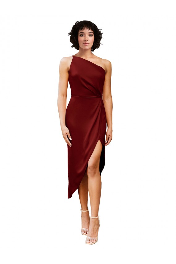 Affordable Sleeveless One Shoulder Stretch Satin Burgundy Midi Length Black Tie Prom Dress Canada