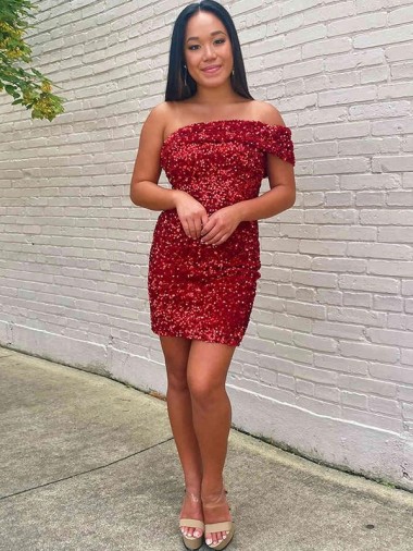 Affordable Sleeveless One Shoulder Velvet Sequin Burgundy Short Prom Dress Canada
