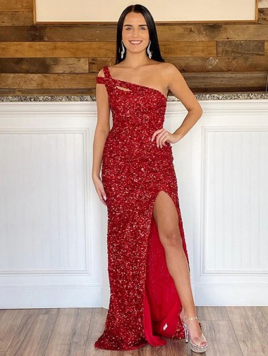 Affordable Sleeveless One Shoulder Velvet Sequin Burgundy Sweep Train Prom Dress Canada