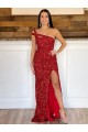 Affordable Sleeveless One Shoulder Velvet Sequin Burgundy Sweep Train Prom Dress Canada