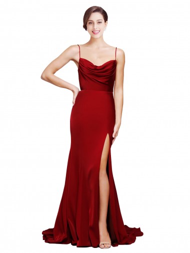 Affordable Sleeveless Cowl Neck Stretch Satin Burgundy Sweep Train Black Tie Prom Dress Canada