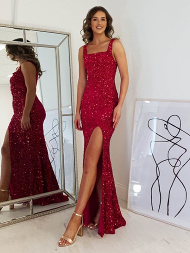 Affordable Sleeveless Square Neck Velvet Sequin Burgundy Long Prom Dress Canada