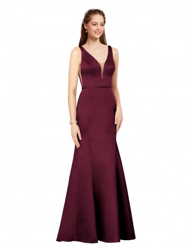 Affordable Sleeveless V-Neck Satin Burgundy Long Prom Dress Canada