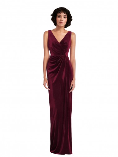 Affordable Sleeveless V-Neck Stretch Velvet Burgundy Long Evening Prom Dress Canada