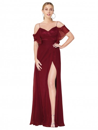 Affordable Cold Shoulder High Neck Soft Chiffon Burgundy Long Prom Dress Canada