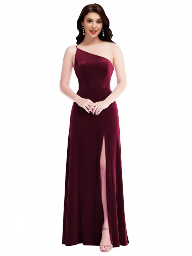 Affordable Sleeveless One Shoulder Stretch Velvet Burgundy Long Black Tie Prom Dress Canada