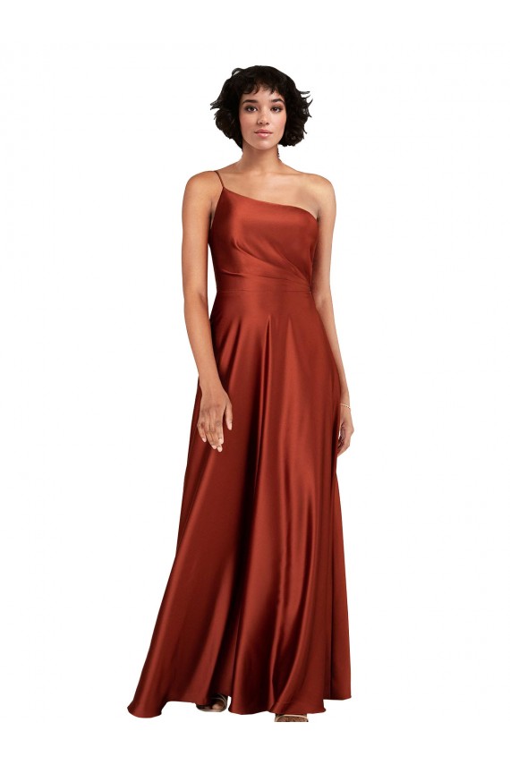 Affordable Sleeveless One Shoulder Silky Satin Burnt Orange Long Black Tie Prom Dress Canada