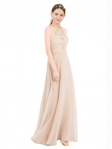 Affordable Sleeveless High Neck Soft Chiffon & Lace Champagne Long Prom Dress Canada