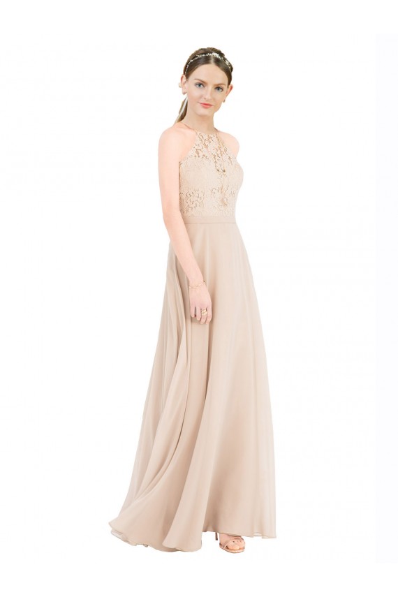 Affordable Sleeveless High Neck Soft Chiffon & Lace Champagne Long Prom Dress Canada