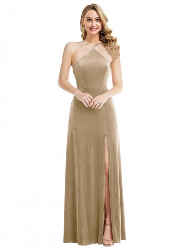 Affordable Sleeveless High Neck Stretch Velvet Champagne Long Prom Dress Canada