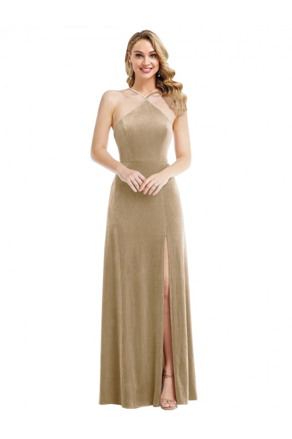 Affordable Sleeveless High Neck Stretch Velvet Champagne Long Prom Dress Canada