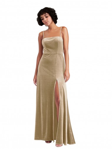 Affordable Sleeveless Square Neck Stretch Velvet Champagne Long Prom Dress Canada
