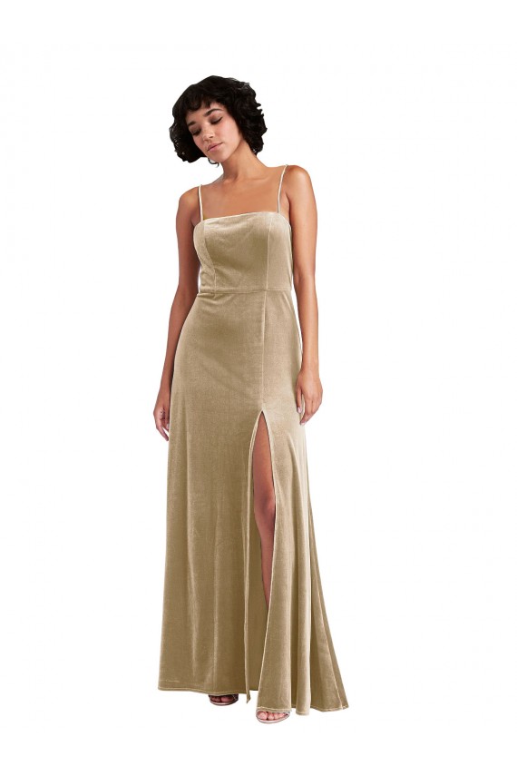 Affordable Sleeveless Square Neck Stretch Velvet Champagne Long Prom Dress Canada