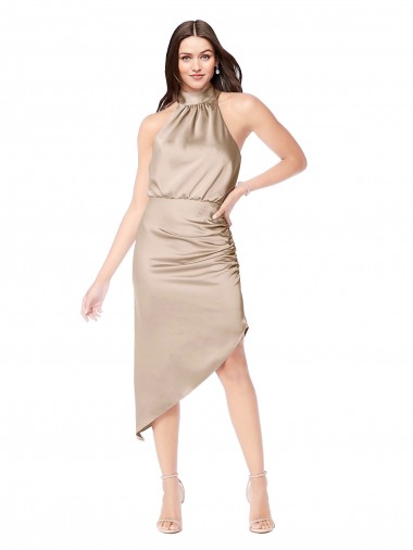 Affordable Sleeveless Halter Neck Silky Satin Champagne Pink Midi Length High Low Prom Dress Canada