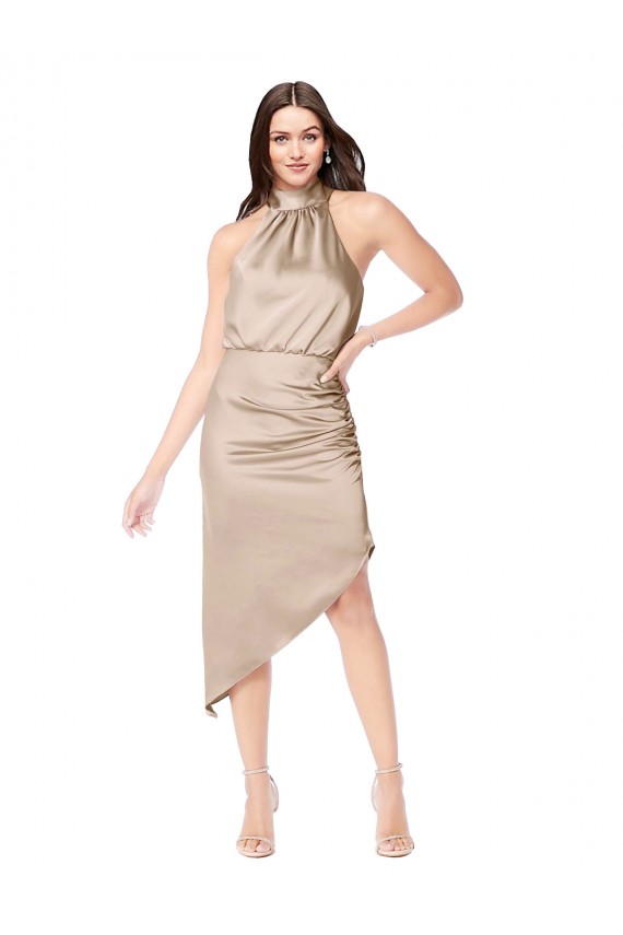Affordable Sleeveless Halter Neck Silky Satin Champagne Pink Midi Length High Low Prom Dress Canada