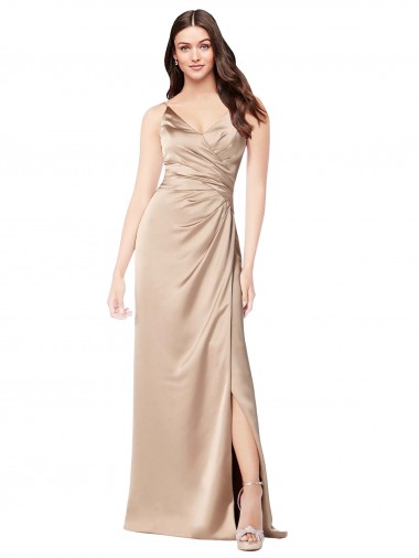 Affordable Sleeveless V-Neck Silky Satin Champagne Pink Long Prom Dress Canada