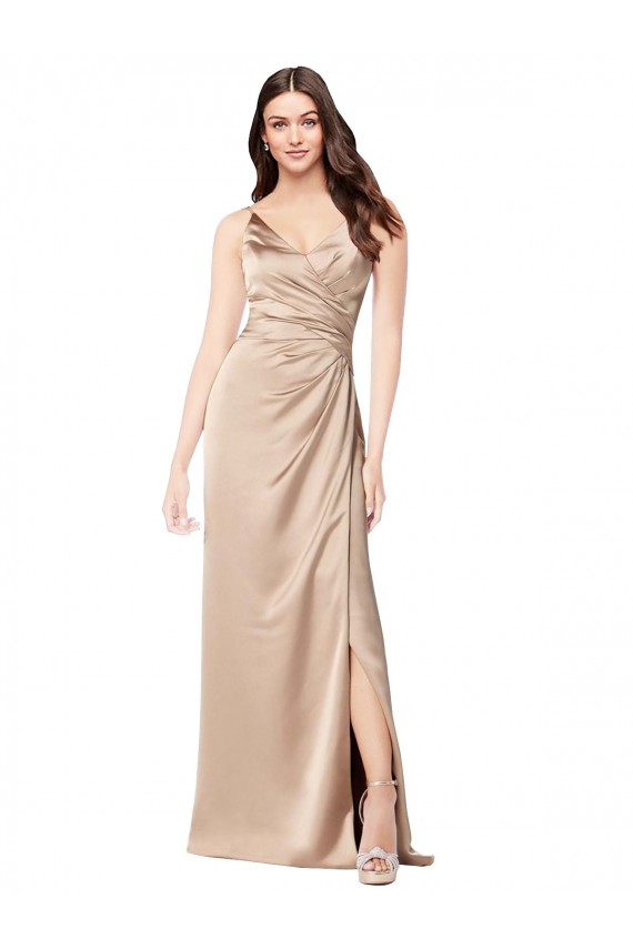 Affordable Sleeveless V-Neck Silky Satin Champagne Pink Long Prom Dress Canada