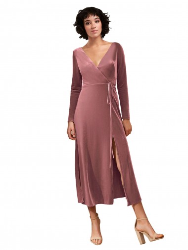 Affordable Long Sleeves V-Neck Stretch Velvet Cinnamon Rose Midi Length Black Tie Prom Dress Canada