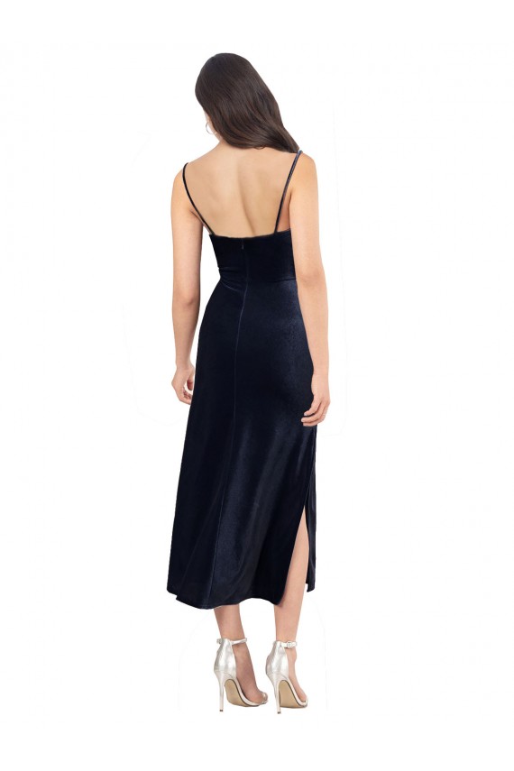 Affordable Sleeveless Cowl Neck Stretch Velvet Dark Navy Midi Length Prom Dress Canada