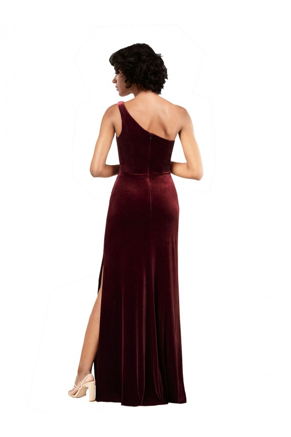Affordable Sleeveless One Shoulder Stretch Velvet Burgundy Long Prom Dress Canada