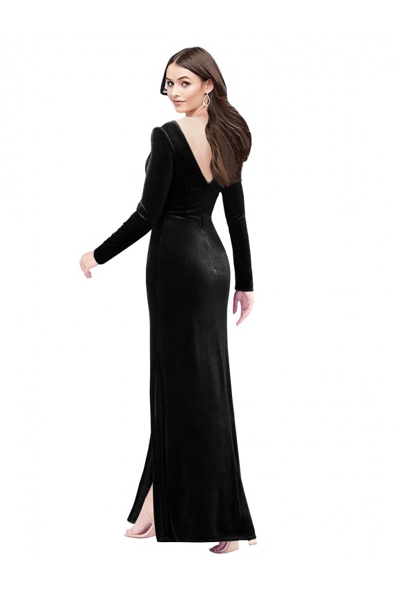 Affordable Long Sleeves V-Neck Stretch Velvet Black Long Prom Dress Canada