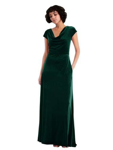 Affordable Cap Sleeves Cowl Neck Stretch Velvet Dark Green Long Black Tie Prom Dress Canada