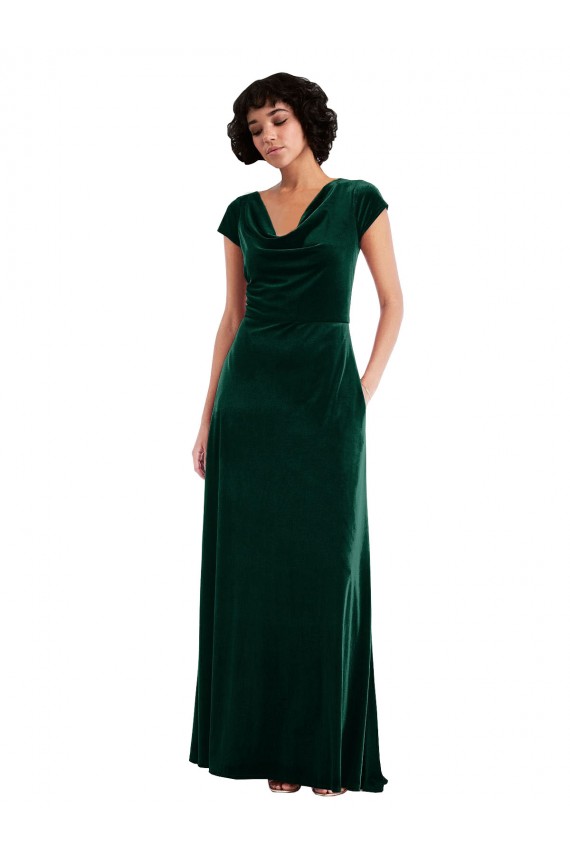 Affordable Cap Sleeves Cowl Neck Stretch Velvet Dark Green Long Black Tie Prom Dress Canada