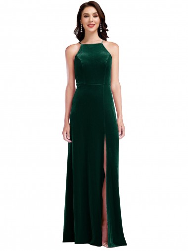 Affordable Sleeveless High Neck Stretch Velvet Dark Green Long Prom Dress Canada