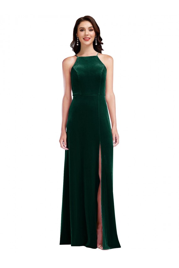 Affordable Sleeveless High Neck Stretch Velvet Dark Green Long Prom Dress Canada