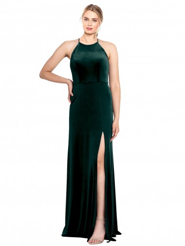 Affordable Sleeveless Jewel Neck Stretch Velvet Dark Green Long Prom Dress Canada